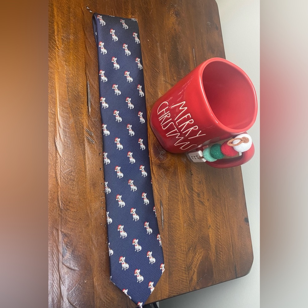 Pronto Uomo Men’s Christmas Navy Tie 
Dog in Santa Hat - Picture 3 of 6